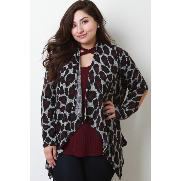 2x 3x Leopard Contrast Elbow Patch Open Cardigan - Picture 7 of 7